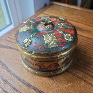 Vtg Three Kings Gifts Myrrh Incense Box Trinket Jewelry Wood Brass Red Silk Boho